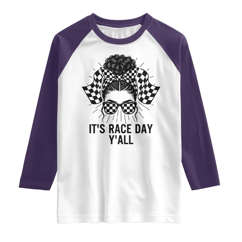 Racing Car Checkered Flag Raglan Shirt Messy Bun Woman Race Day TS14 White Purple Print Your Wear