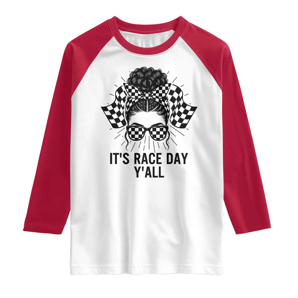 Racing Car Checkered Flag Raglan Shirt Messy Bun Woman Race Day TS14 White Red Print Your Wear