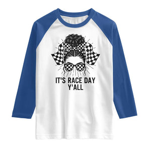 Racing Car Checkered Flag Raglan Shirt Messy Bun Woman Race Day TS14 White Royal Print Your Wear
