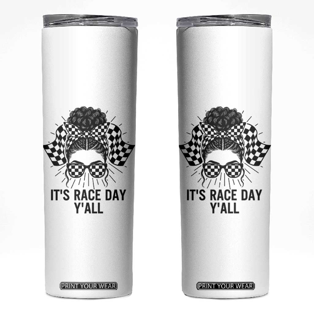 Racing Car Checkered Flag Skinny Tumbler Messy Bun Woman Race Day TS14 White Print Your Wear