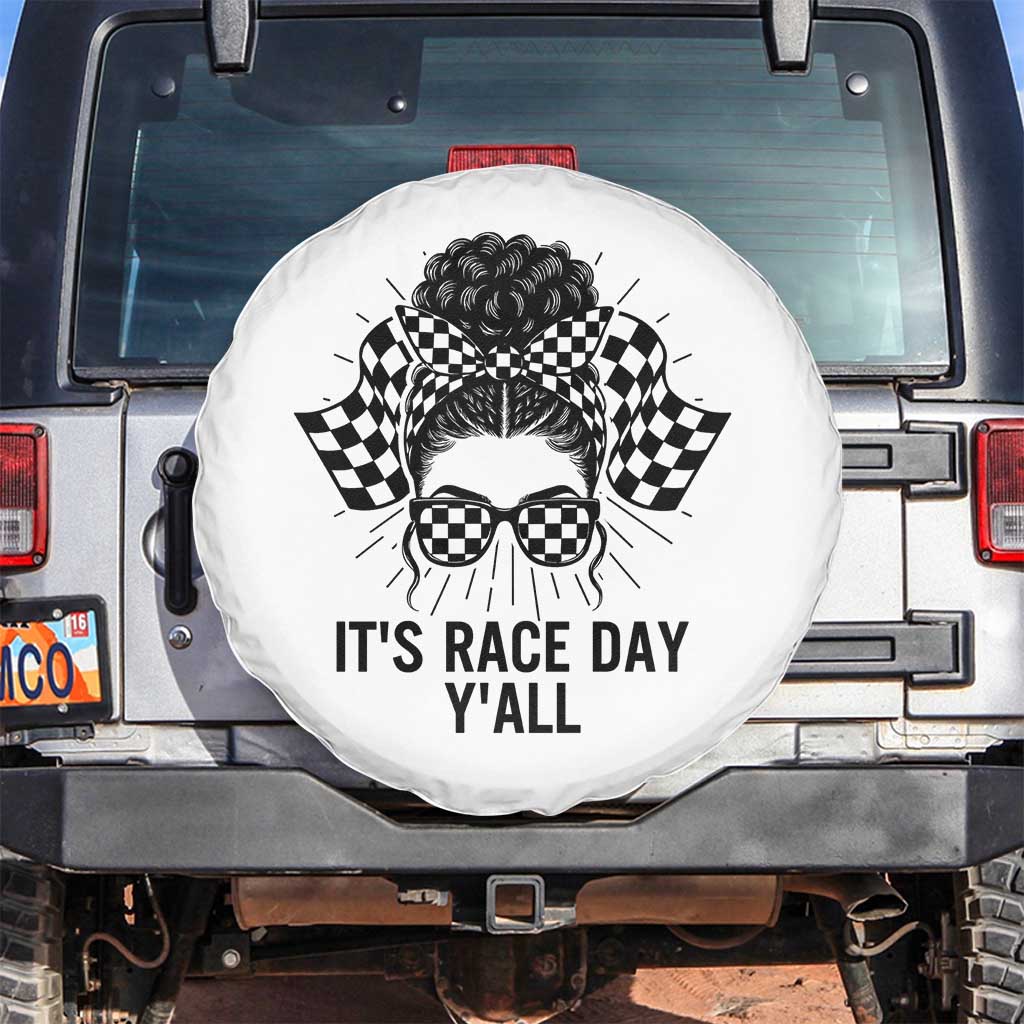 Racing Car Checkered Flag Spare Tire Cover Messy Bun Woman Race Day TS14 No hole White Print Your Wear