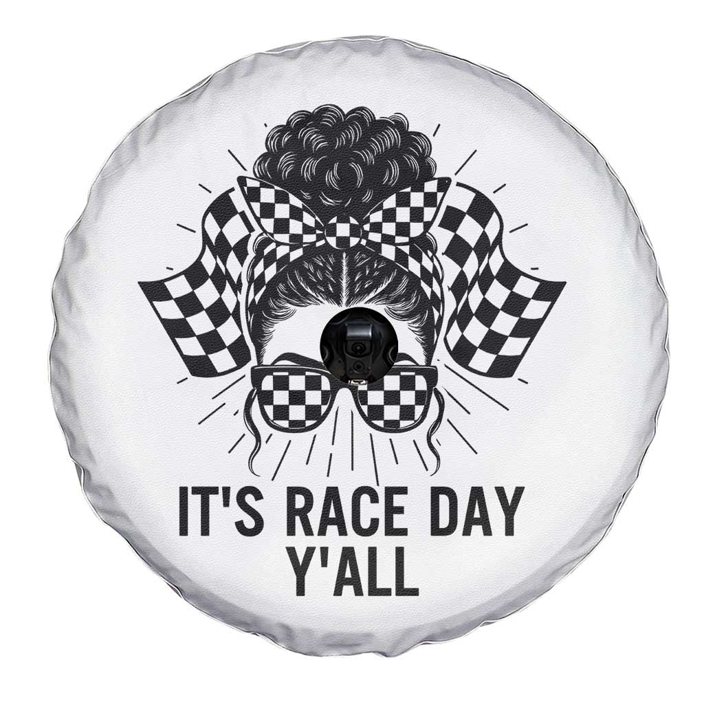 Racing Car Checkered Flag Spare Tire Cover Messy Bun Woman Race Day TS14 Print Your Wear