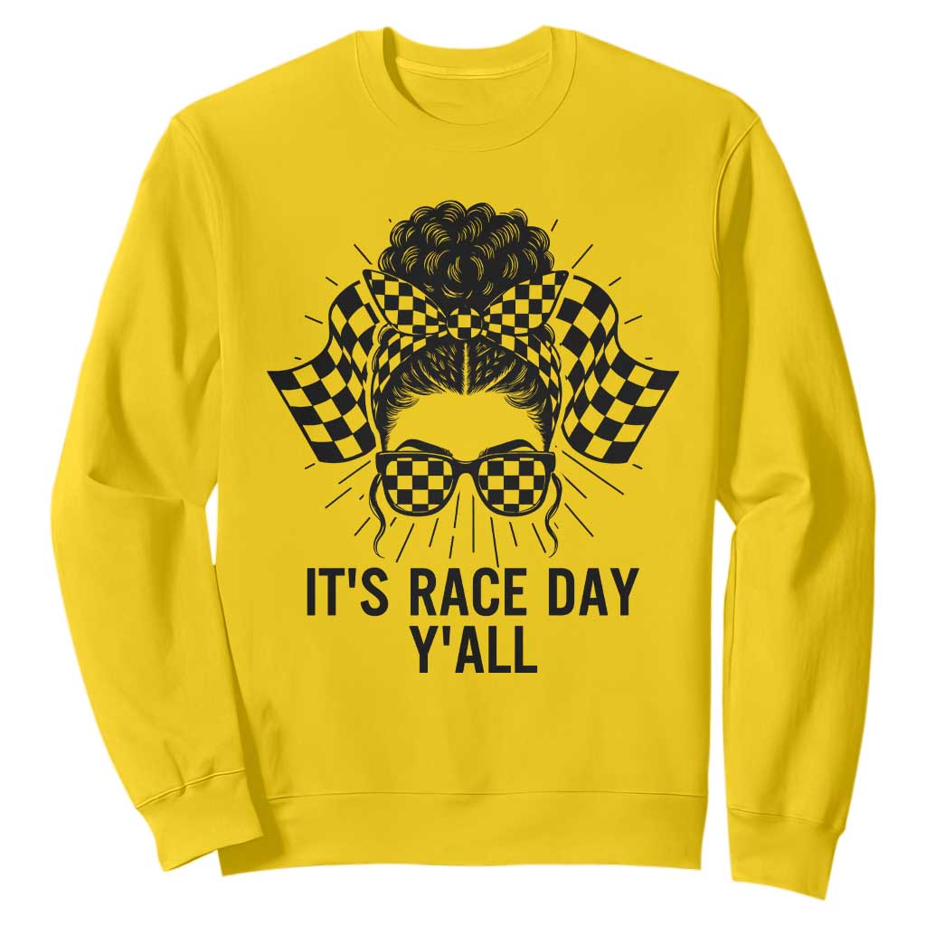 Racing Car Checkered Flag Sweatshirt Messy Bun Woman Race Day TS14 Daisy Print Your Wear