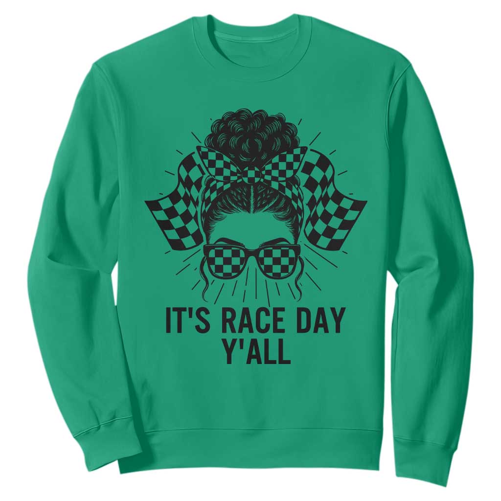 Racing Car Checkered Flag Sweatshirt Messy Bun Woman Race Day TS14 Irish Green Print Your Wear