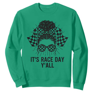 Racing Car Checkered Flag Sweatshirt Messy Bun Woman Race Day TS14 Irish Green Print Your Wear