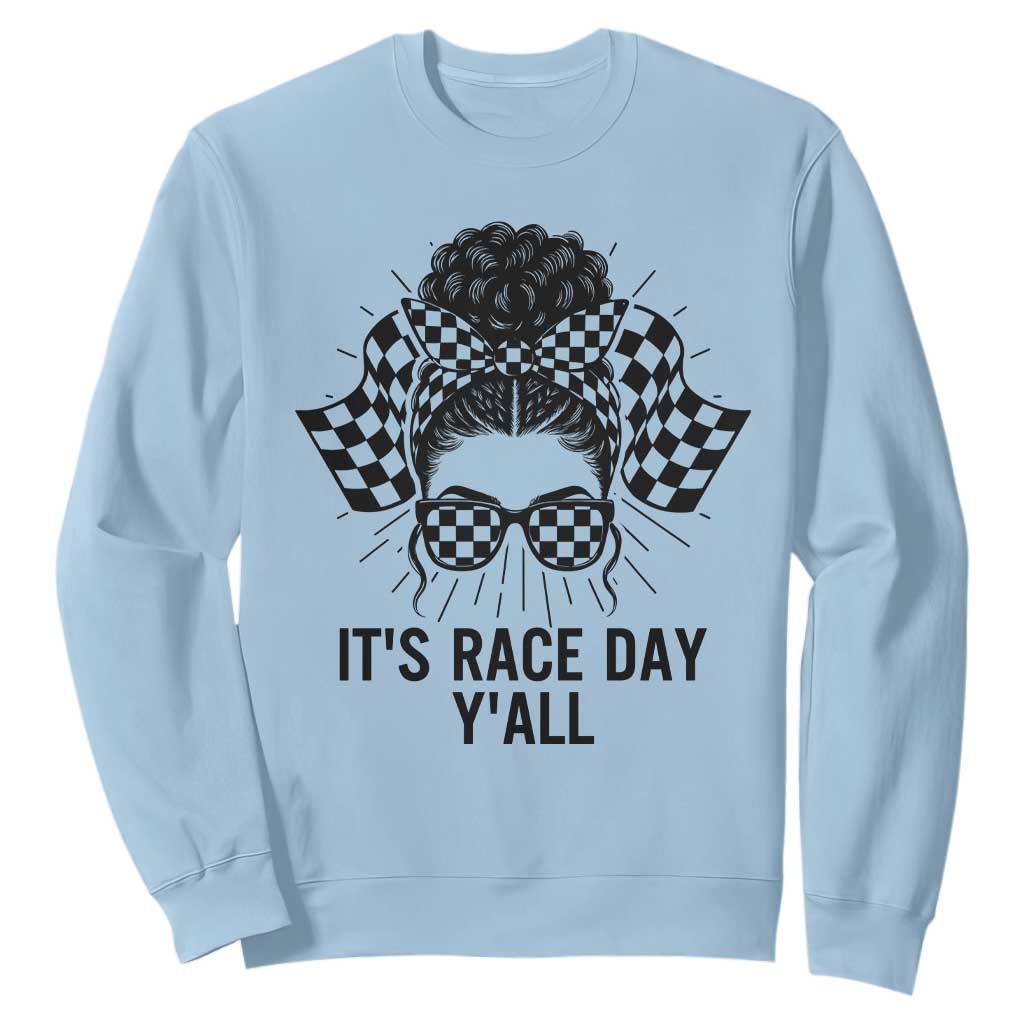 Racing Car Checkered Flag Sweatshirt Messy Bun Woman Race Day TS14 Light Blue Print Your Wear