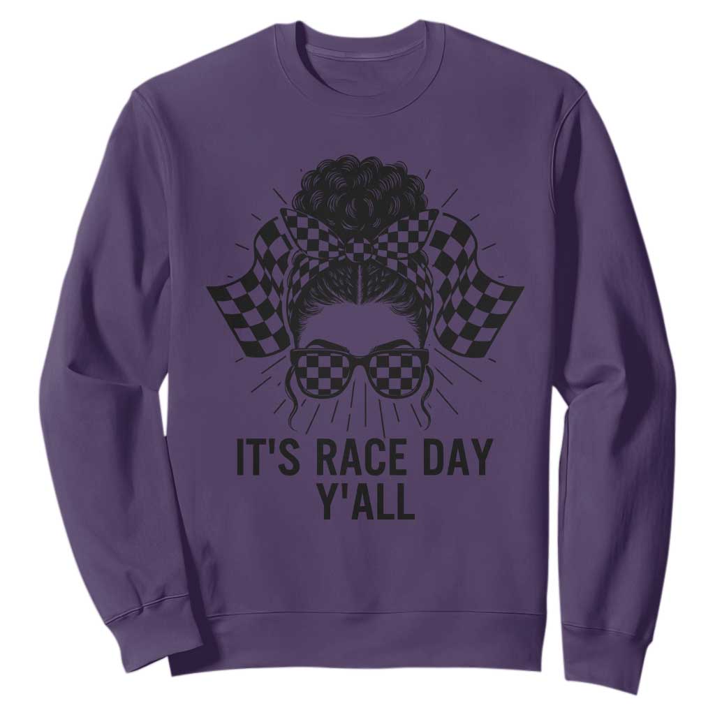 Racing Car Checkered Flag Sweatshirt Messy Bun Woman Race Day TS14 Purple Print Your Wear