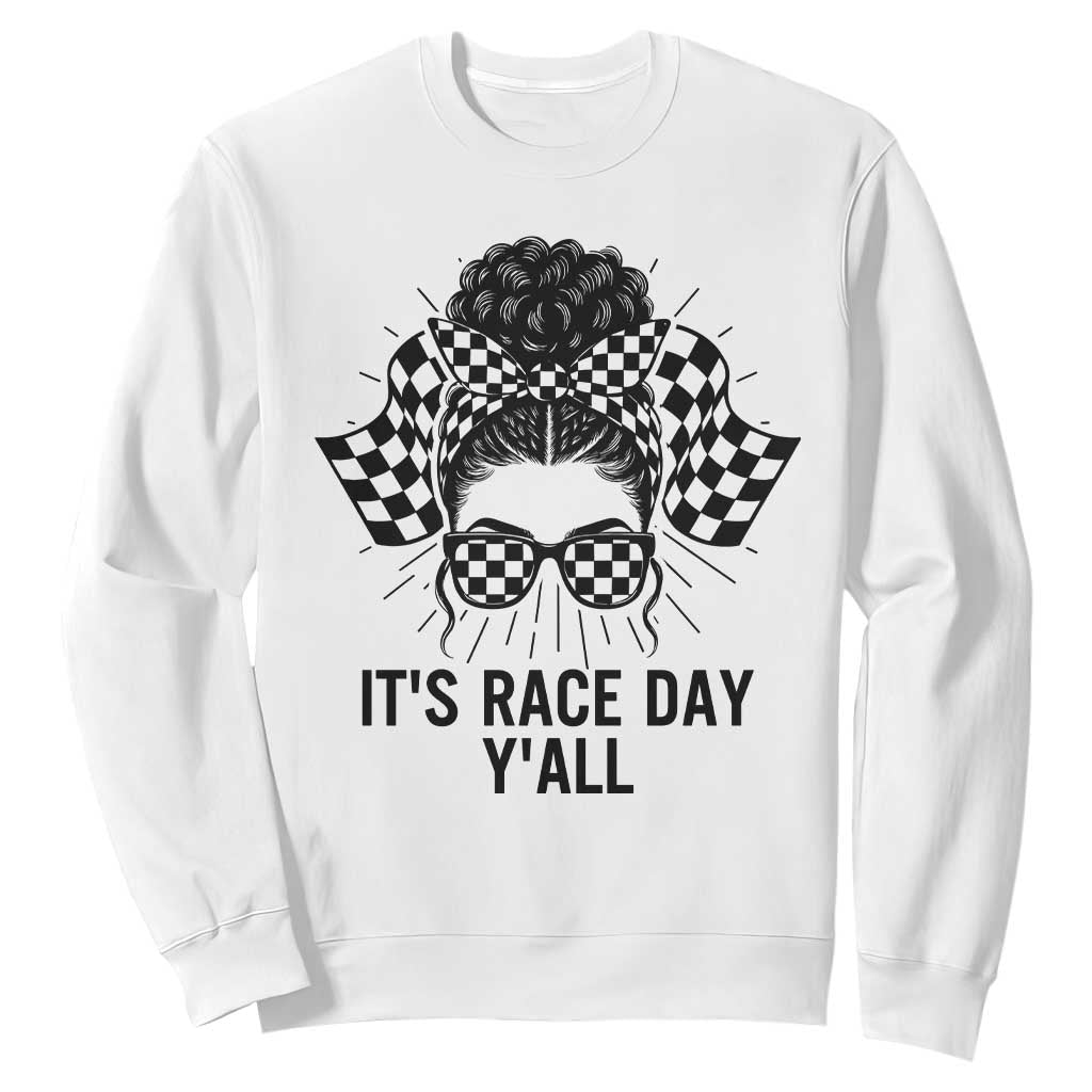 Racing Car Checkered Flag Sweatshirt Messy Bun Woman Race Day TS14 White Print Your Wear