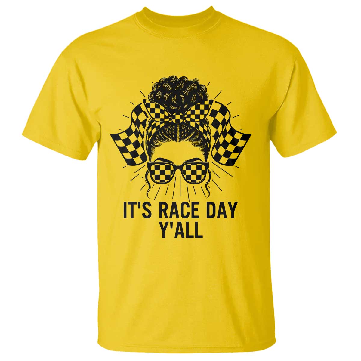 Racing Car Checkered Flag T Shirt Messy Bun Woman Race Day TS14 Daisy Print Your Wear