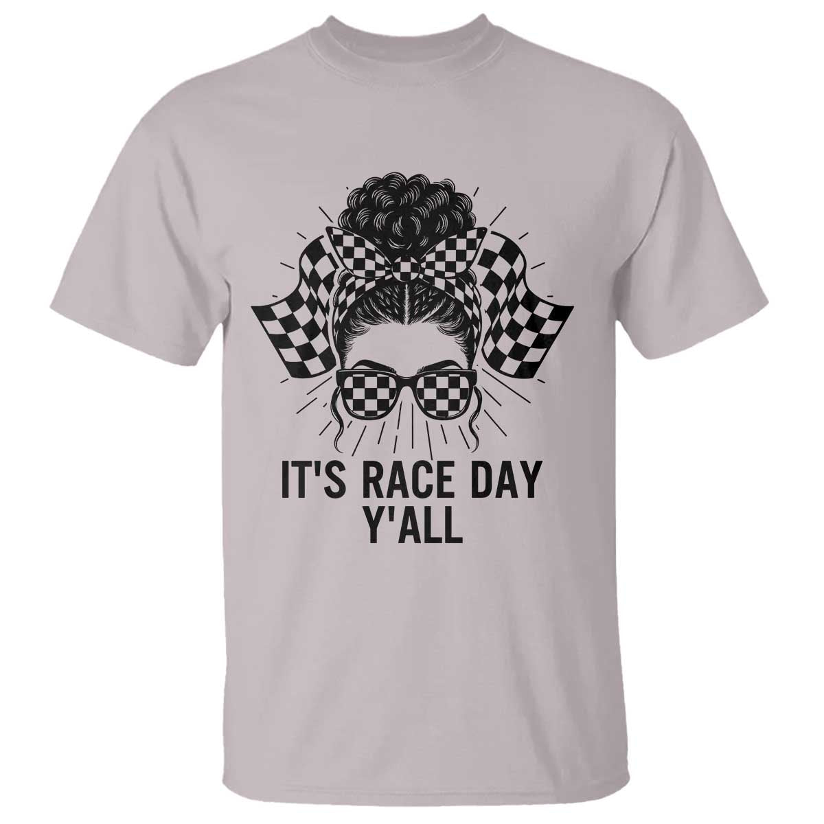 Racing Car Checkered Flag T Shirt Messy Bun Woman Race Day TS14 Ice Gray Print Your Wear