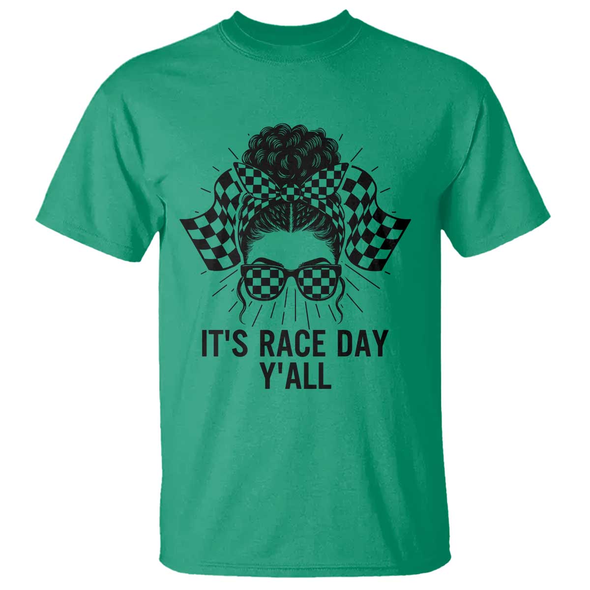 Racing Car Checkered Flag T Shirt Messy Bun Woman Race Day TS14 Irish Green Print Your Wear