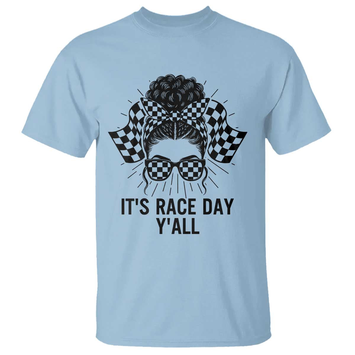 Racing Car Checkered Flag T Shirt Messy Bun Woman Race Day TS14 Light Blue Print Your Wear