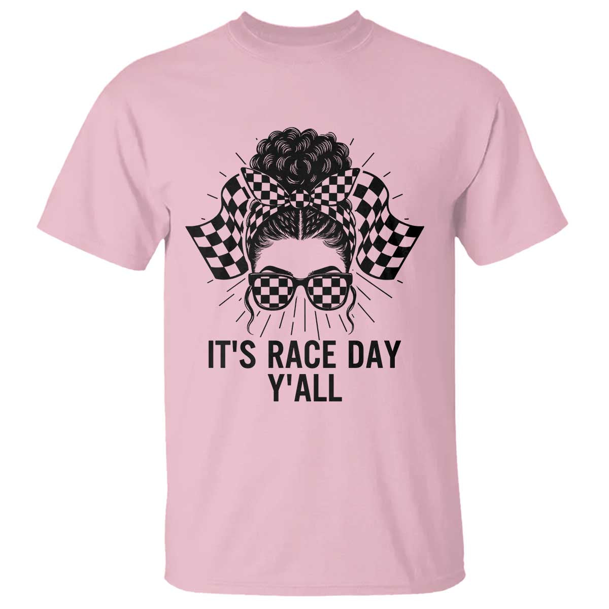 Racing Car Checkered Flag T Shirt Messy Bun Woman Race Day TS14 Light Pink Print Your Wear