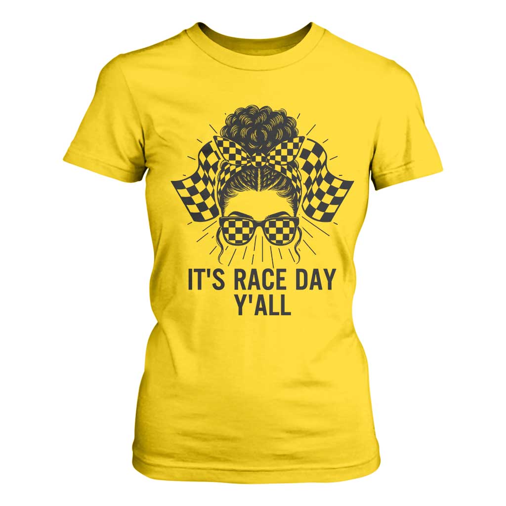 Racing Car Checkered Flag T Shirt For Women Messy Bun Woman Race Day TS14 Daisy Print Your Wear
