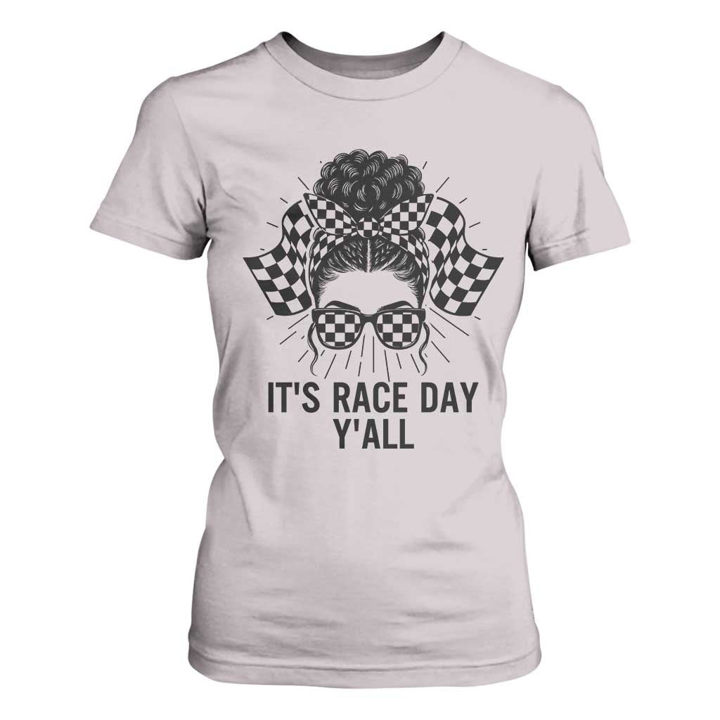 Racing Car Checkered Flag T Shirt For Women Messy Bun Woman Race Day TS14 Ice Gray Print Your Wear