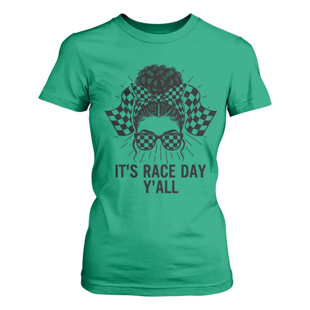 Racing Car Checkered Flag T Shirt For Women Messy Bun Woman Race Day TS14 Irish Green Print Your Wear