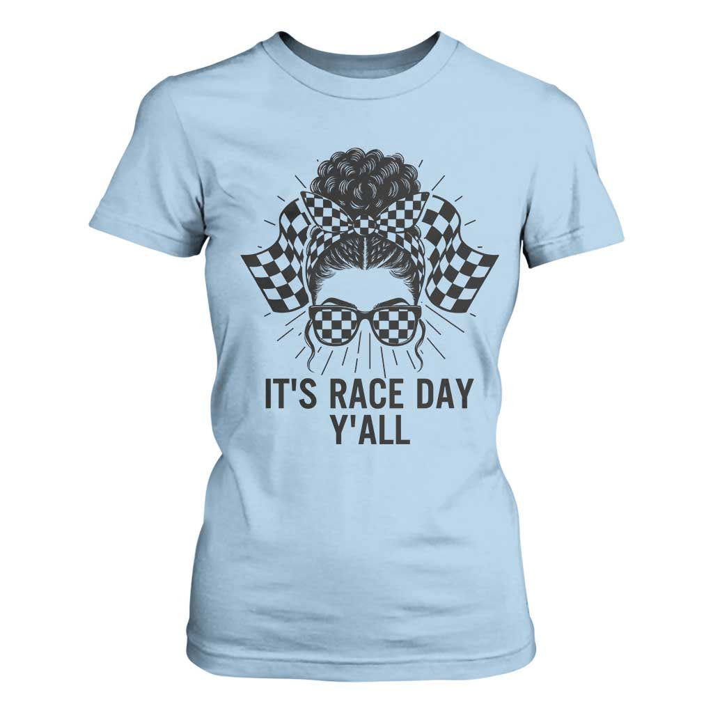 Racing Car Checkered Flag T Shirt For Women Messy Bun Woman Race Day TS14 Light Blue Print Your Wear