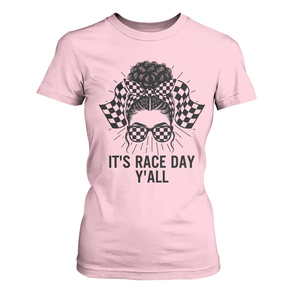 Racing Car Checkered Flag T Shirt For Women Messy Bun Woman Race Day TS14 Light Pink Print Your Wear