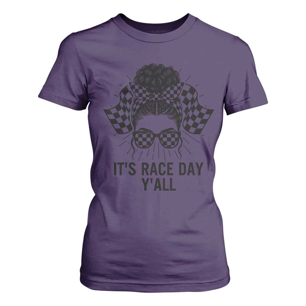 Racing Car Checkered Flag T Shirt For Women Messy Bun Woman Race Day TS14 Purple Print Your Wear