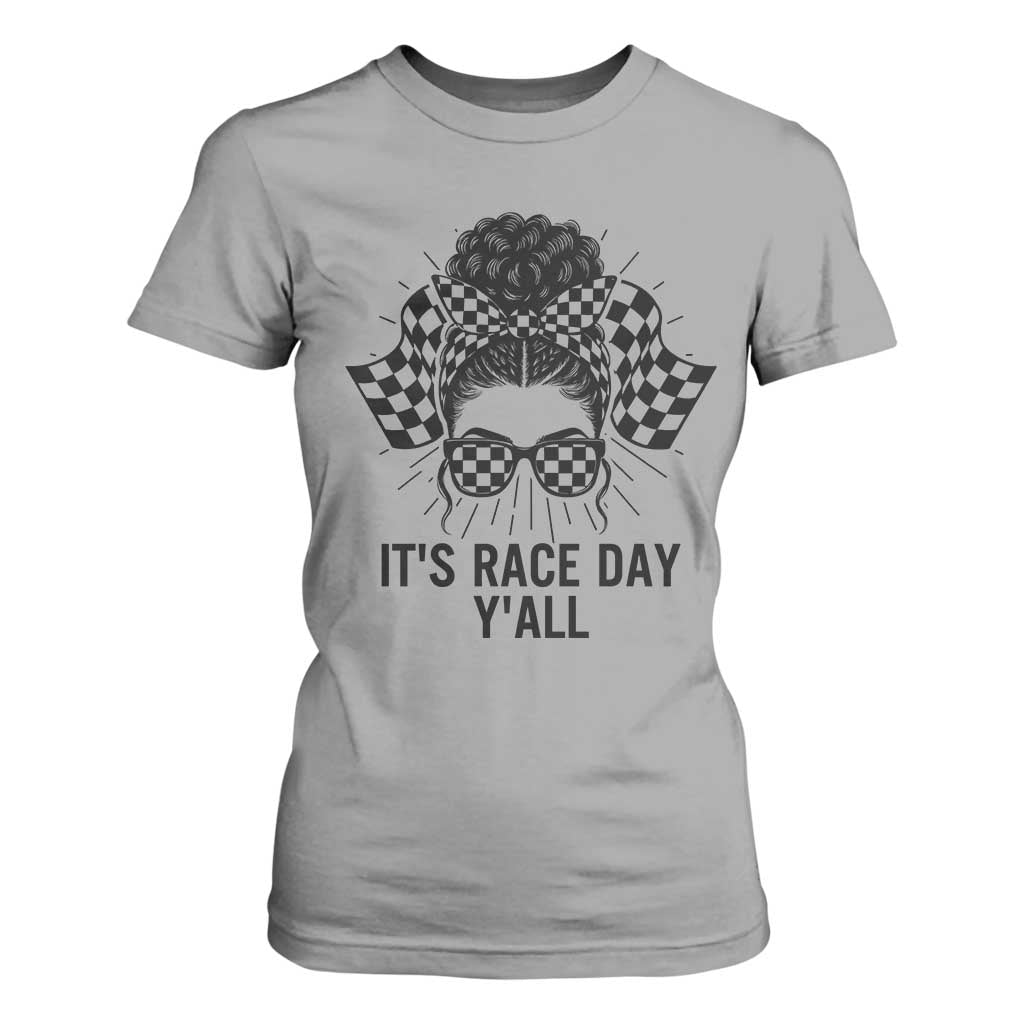 Racing Car Checkered Flag T Shirt For Women Messy Bun Woman Race Day TS14 Sport Gray Print Your Wear