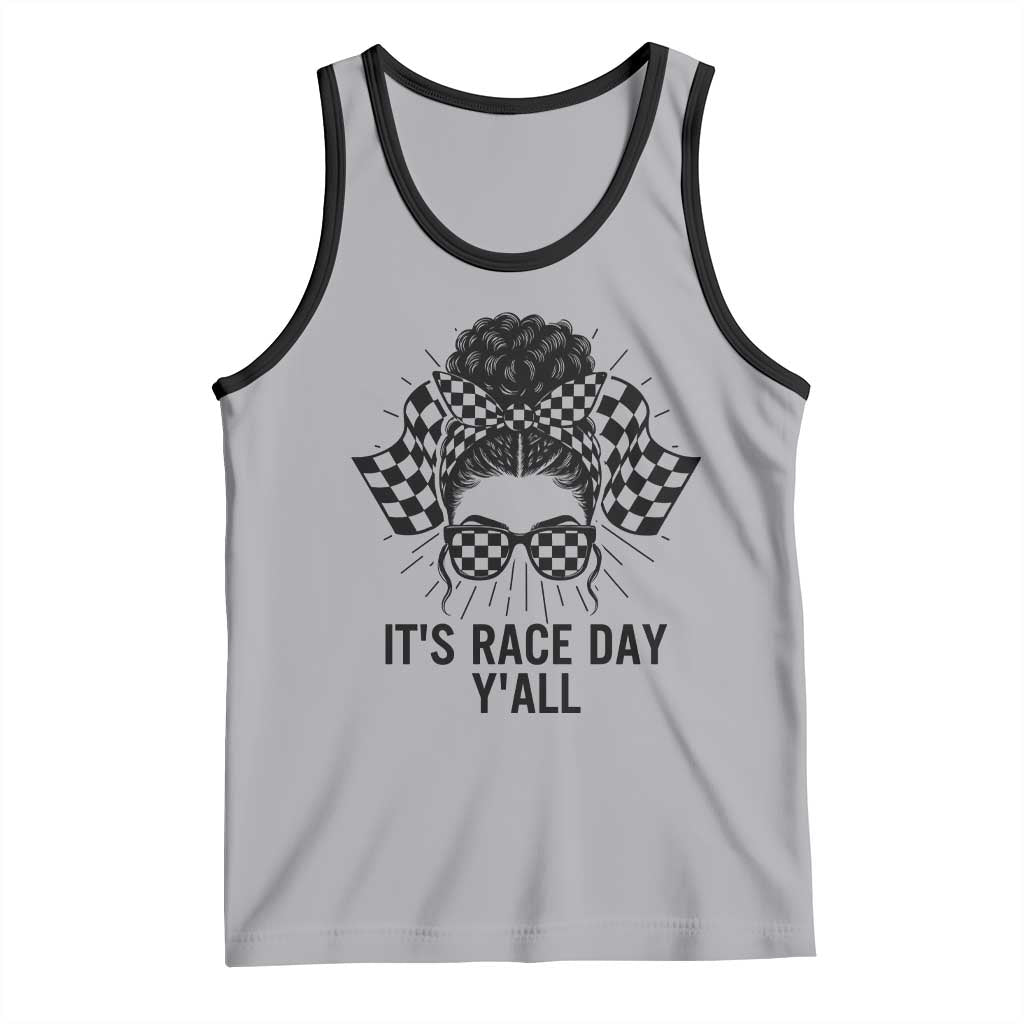 Racing Car Checkered Flag Tank Top Messy Bun Woman Race Day TS14 Athletic Heather Black Print Your Wear