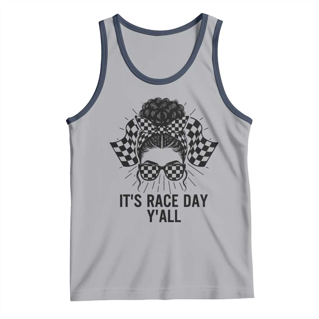 Racing Car Checkered Flag Tank Top Messy Bun Woman Race Day TS14 Athletic Heather Navy Print Your Wear