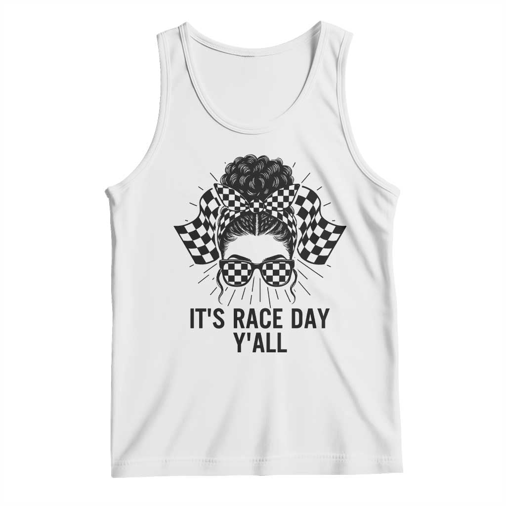 Racing Car Checkered Flag Tank Top Messy Bun Woman Race Day TS14 White Print Your Wear