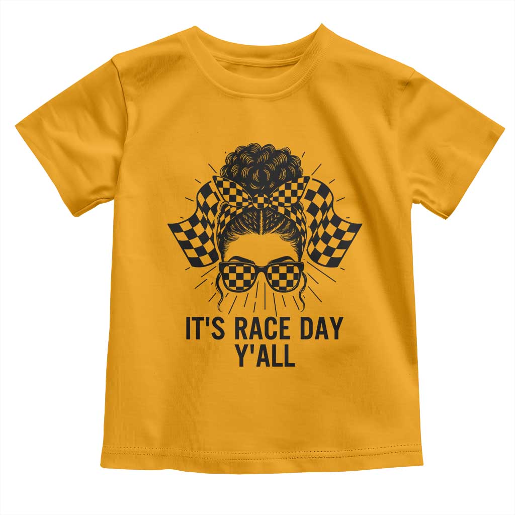 Racing Car Checkered Flag Toddler T Shirt Messy Bun Woman Race Day TS14 Gold Print Your Wear