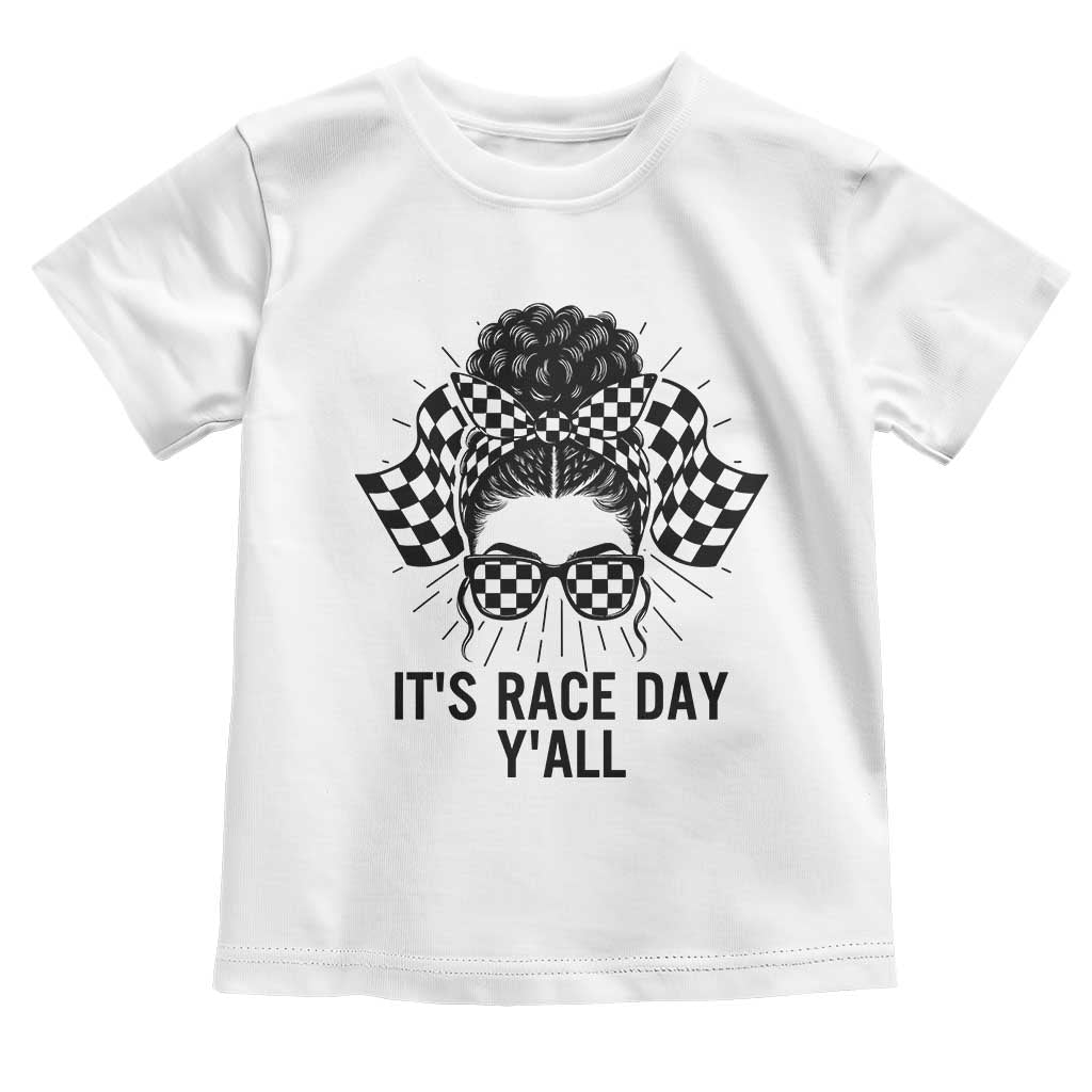 Racing Car Checkered Flag Toddler T Shirt Messy Bun Woman Race Day TS14 White Print Your Wear