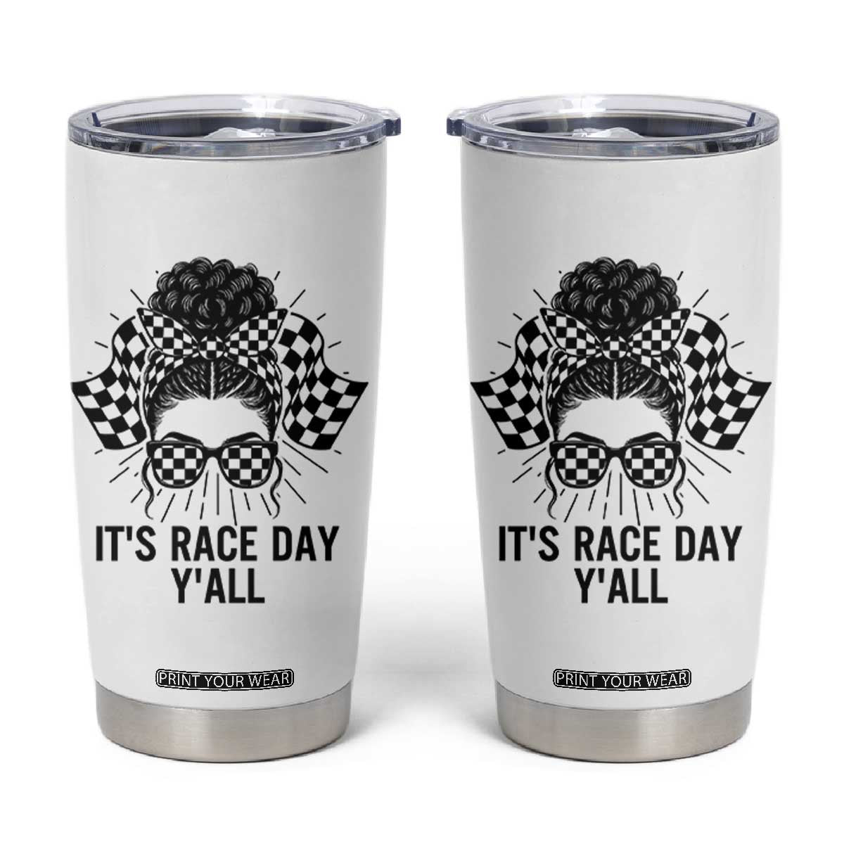 Racing Car Checkered Flag Tumbler Cup Messy Bun Woman Race Day TS14 White Print Your Wear