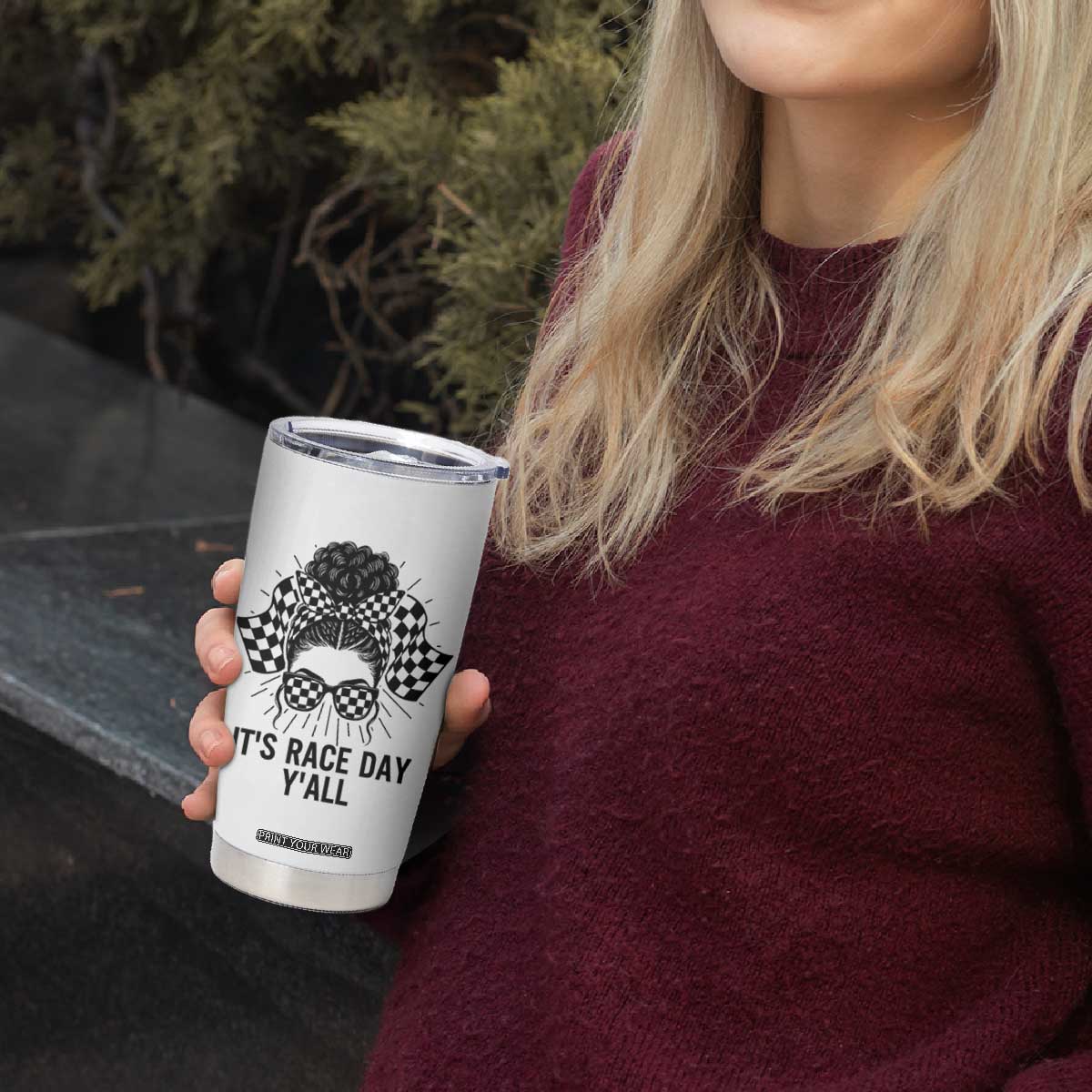 Racing Car Checkered Flag Tumbler Cup Messy Bun Woman Race Day TS14 Print Your Wear