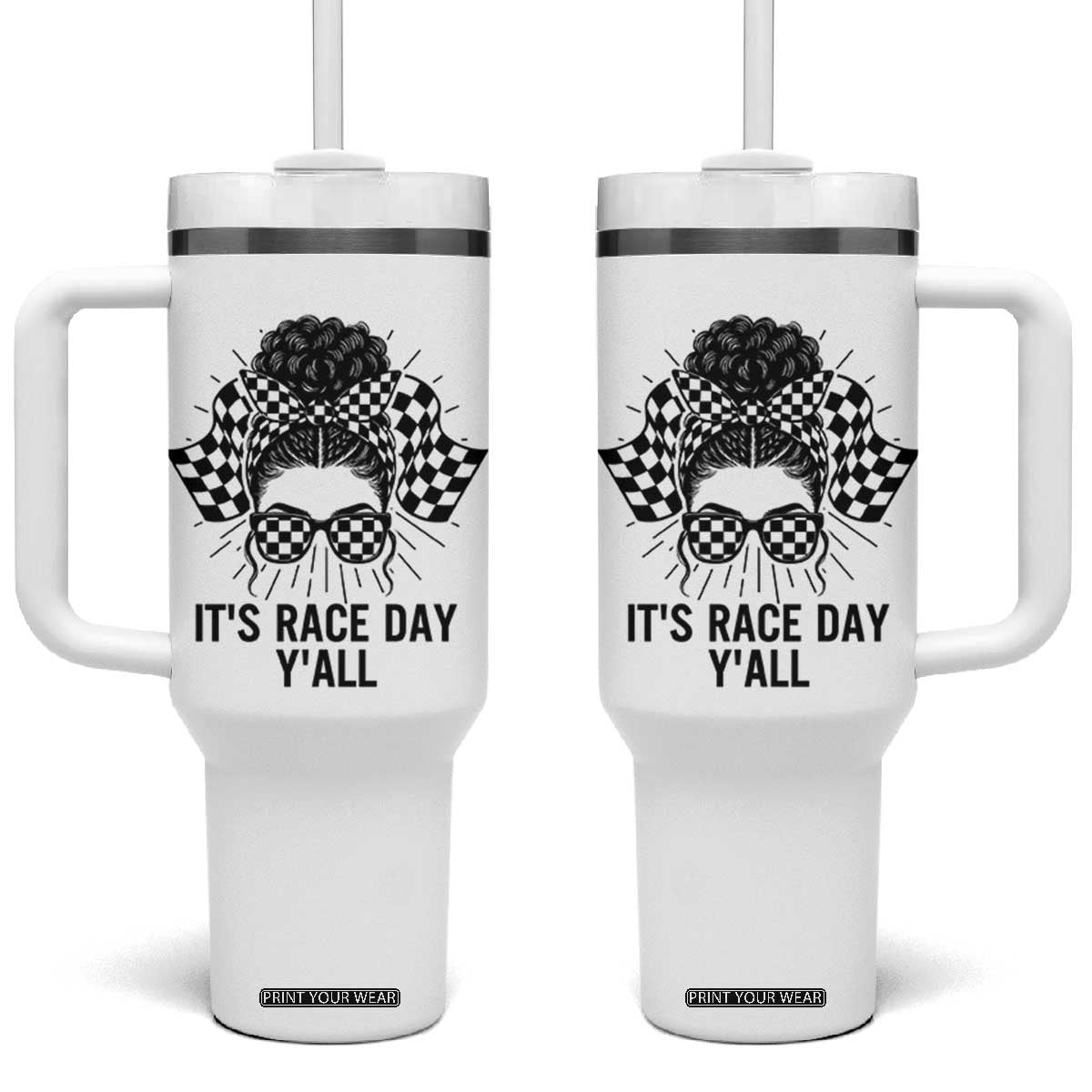 Racing Car Checkered Flag Tumbler With Handle Messy Bun Woman Race Day TS14 One Size: 40 oz White Print Your Wear