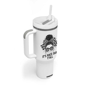 Racing Car Checkered Flag Tumbler With Handle Messy Bun Woman Race Day TS14 Print Your Wear