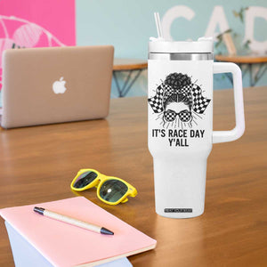Racing Car Checkered Flag Tumbler With Handle Messy Bun Woman Race Day TS14 Print Your Wear