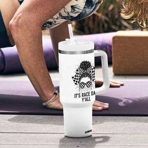 Racing Car Checkered Flag Tumbler With Handle Messy Bun Woman Race Day TS14 Print Your Wear