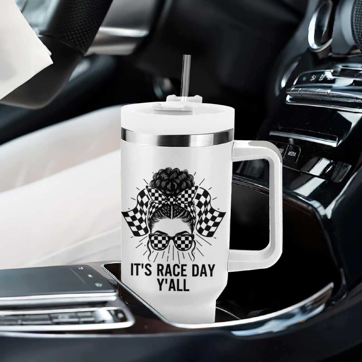 Racing Car Checkered Flag Tumbler With Handle Messy Bun Woman Race Day TS14 Print Your Wear