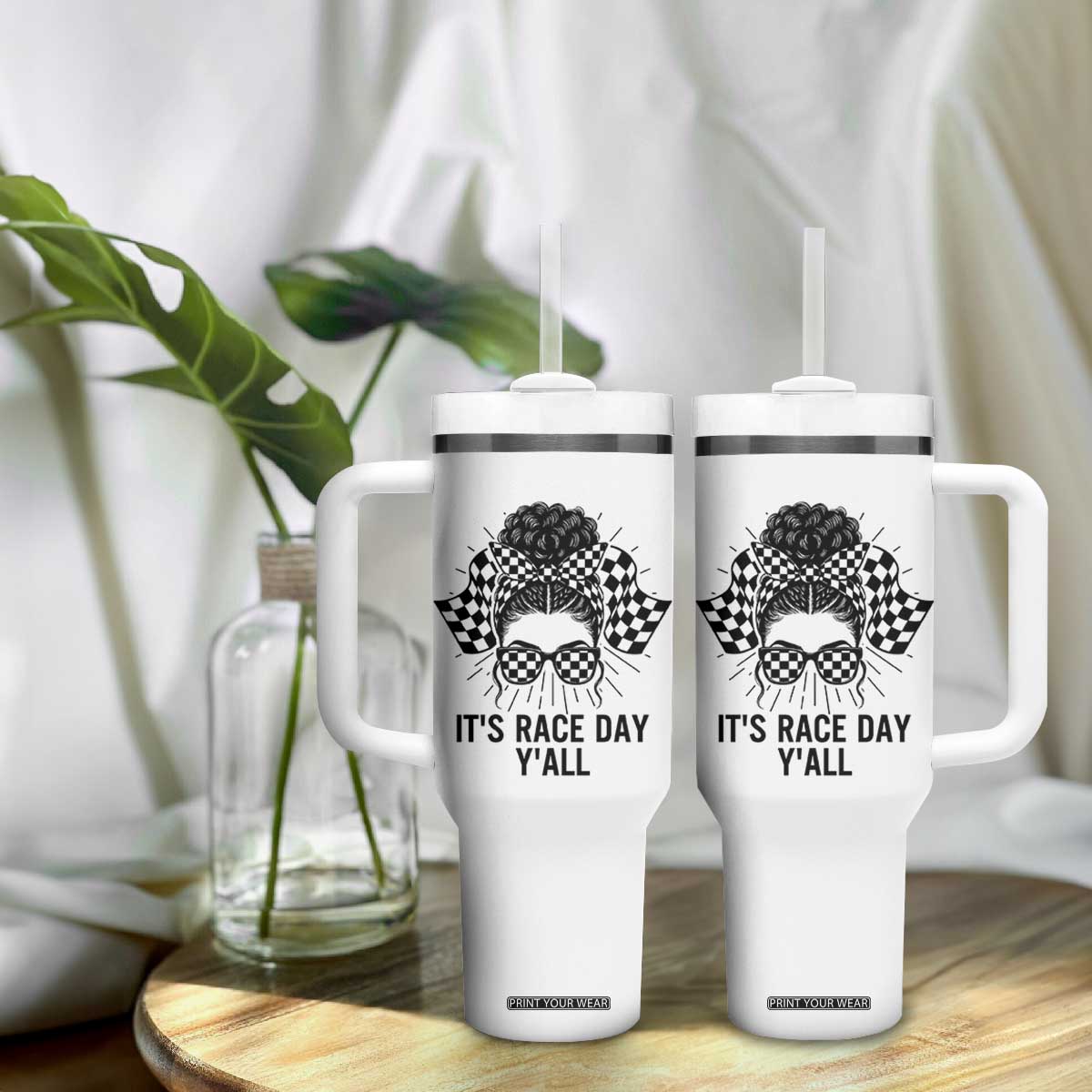 Racing Car Checkered Flag Tumbler With Handle Messy Bun Woman Race Day TS14 Print Your Wear