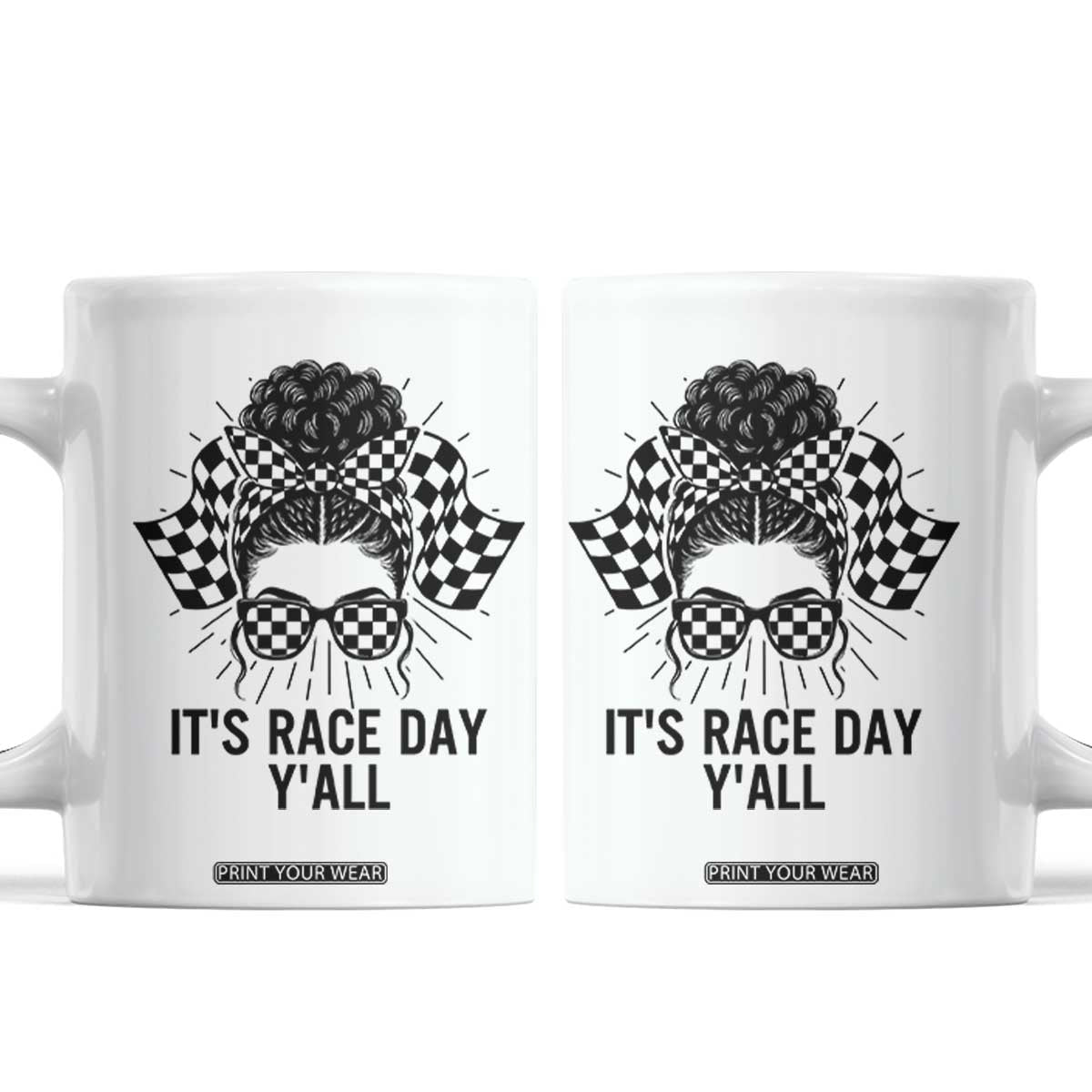 Racing Car Checkered Flag Coffee Mug Messy Bun Woman Race Day TS14 White Print Your Wear