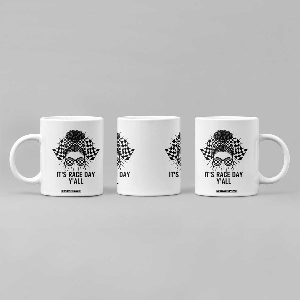 Racing Car Checkered Flag Coffee Mug Messy Bun Woman Race Day TS14 Print Your Wear