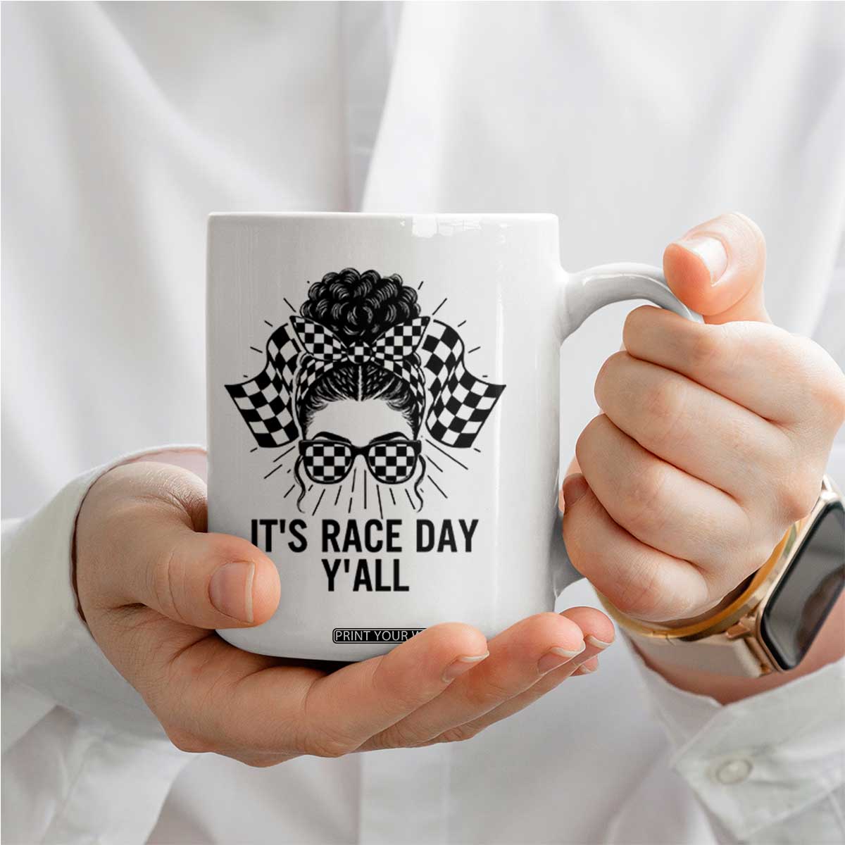 Racing Car Checkered Flag Coffee Mug Messy Bun Woman Race Day TS14 Print Your Wear