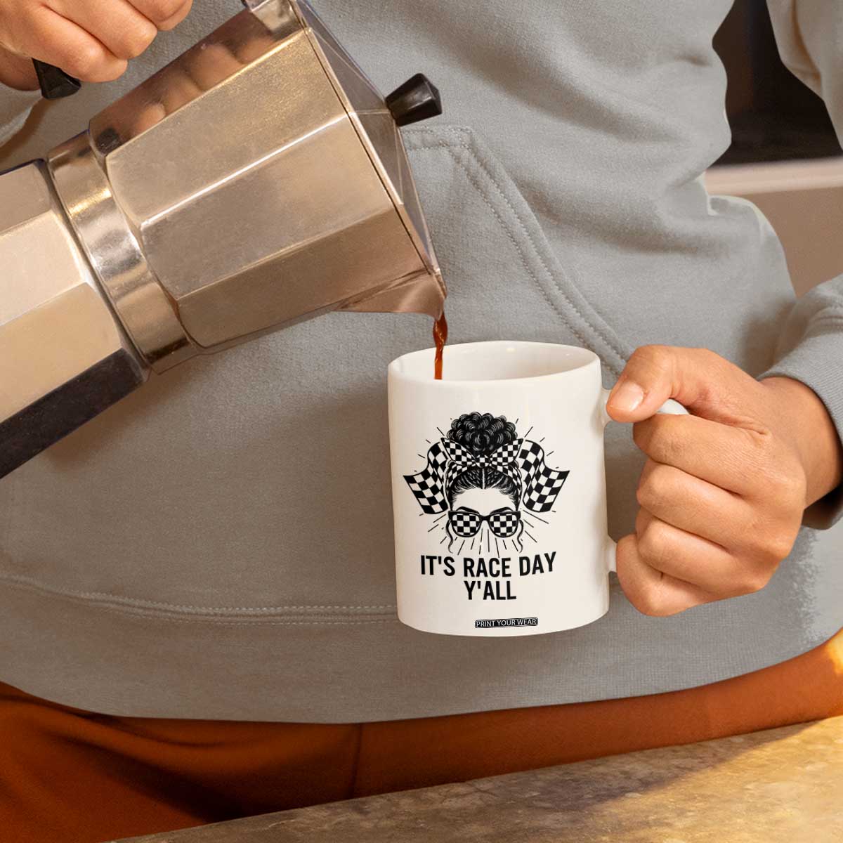 Racing Car Checkered Flag Coffee Mug Messy Bun Woman Race Day TS14 Print Your Wear
