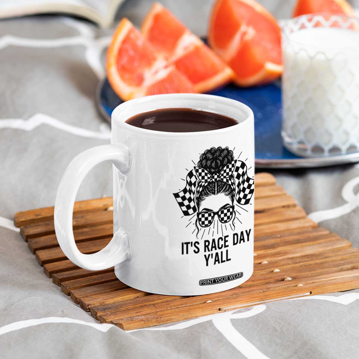 Racing Car Checkered Flag Coffee Mug Messy Bun Woman Race Day TS14 Print Your Wear
