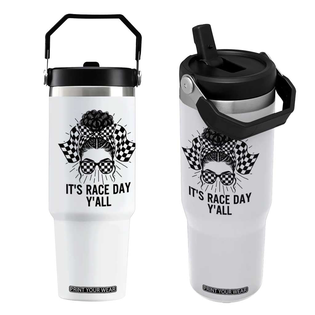 Racing Car Checkered Flag Flip Straw Tumbler Messy Bun Woman Race Day TS14 One Size: 30 oz White Print Your Wear