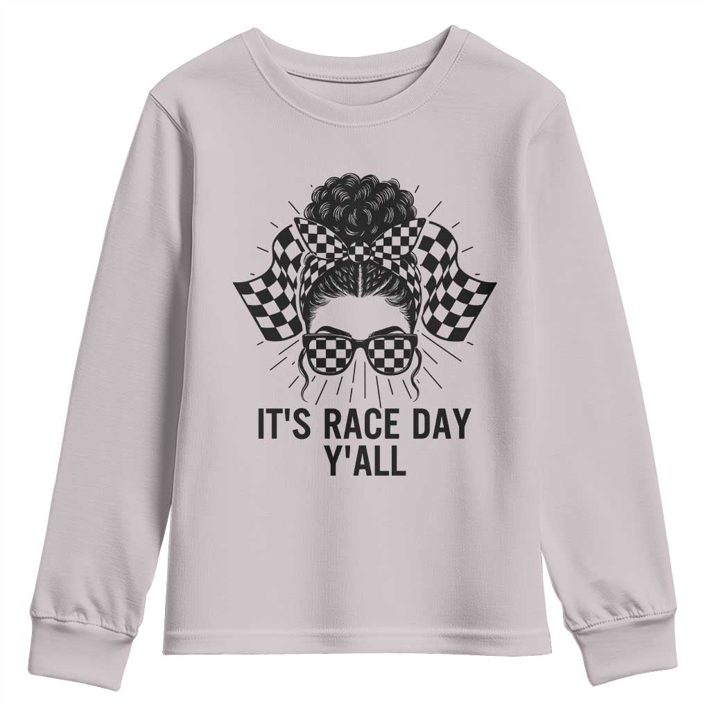 Racing Car Checkered Flag Youth Sweatshirt Messy Bun Woman Race Day TS14 Ice Gray Print Your Wear