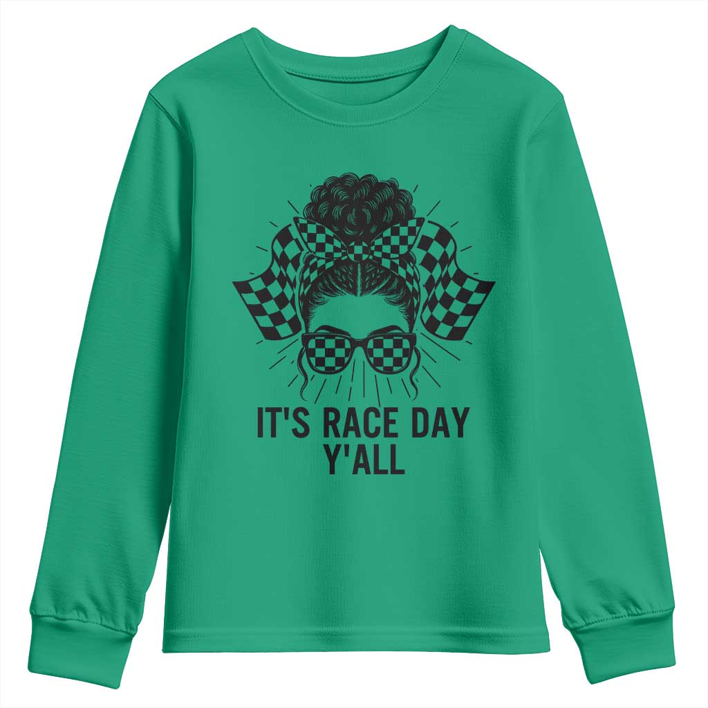 Racing Car Checkered Flag Youth Sweatshirt Messy Bun Woman Race Day TS14 Irish Green Print Your Wear