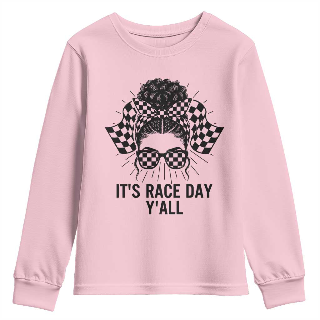 Racing Car Checkered Flag Youth Sweatshirt Messy Bun Woman Race Day TS14 Light Pink Print Your Wear