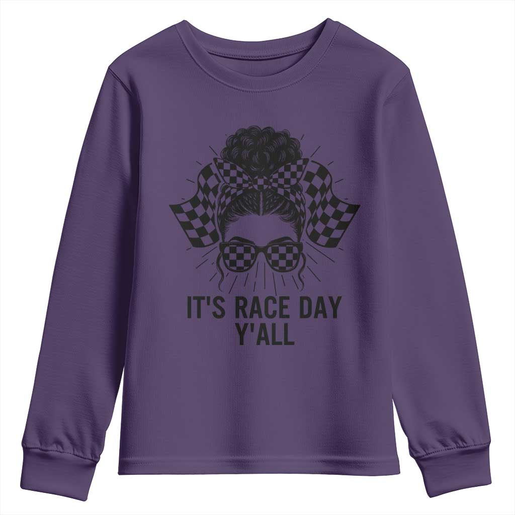 Racing Car Checkered Flag Youth Sweatshirt Messy Bun Woman Race Day TS14 Purple Print Your Wear