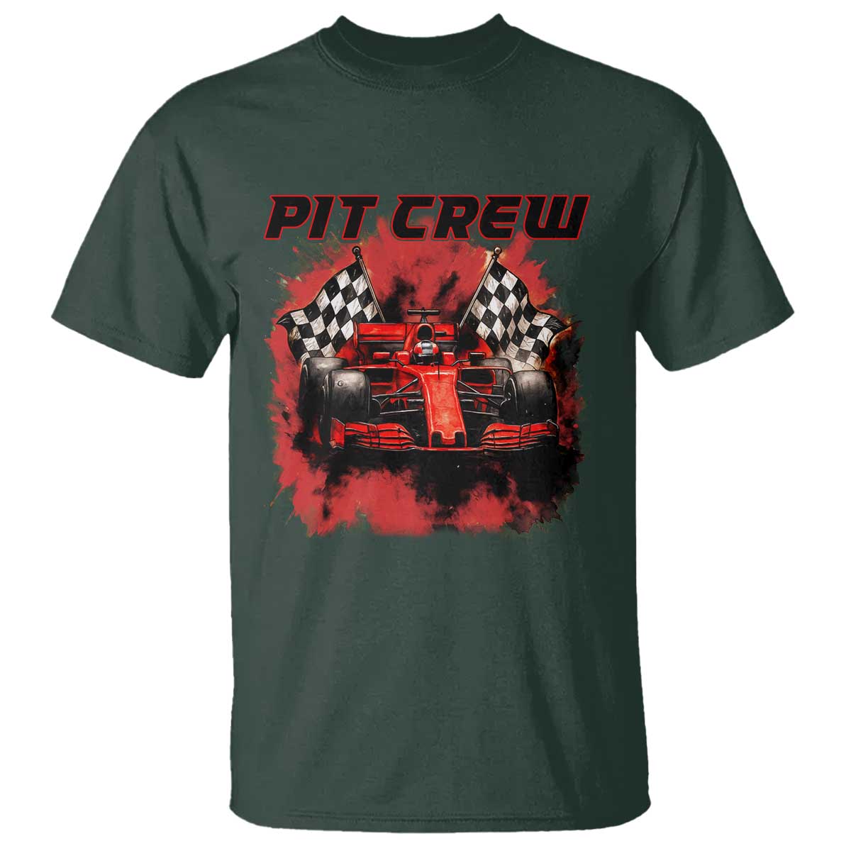 Racing Car Checkered Flag T Shirt Pit Crew Race Car TS14 Dark Forest Green Print Your Wear