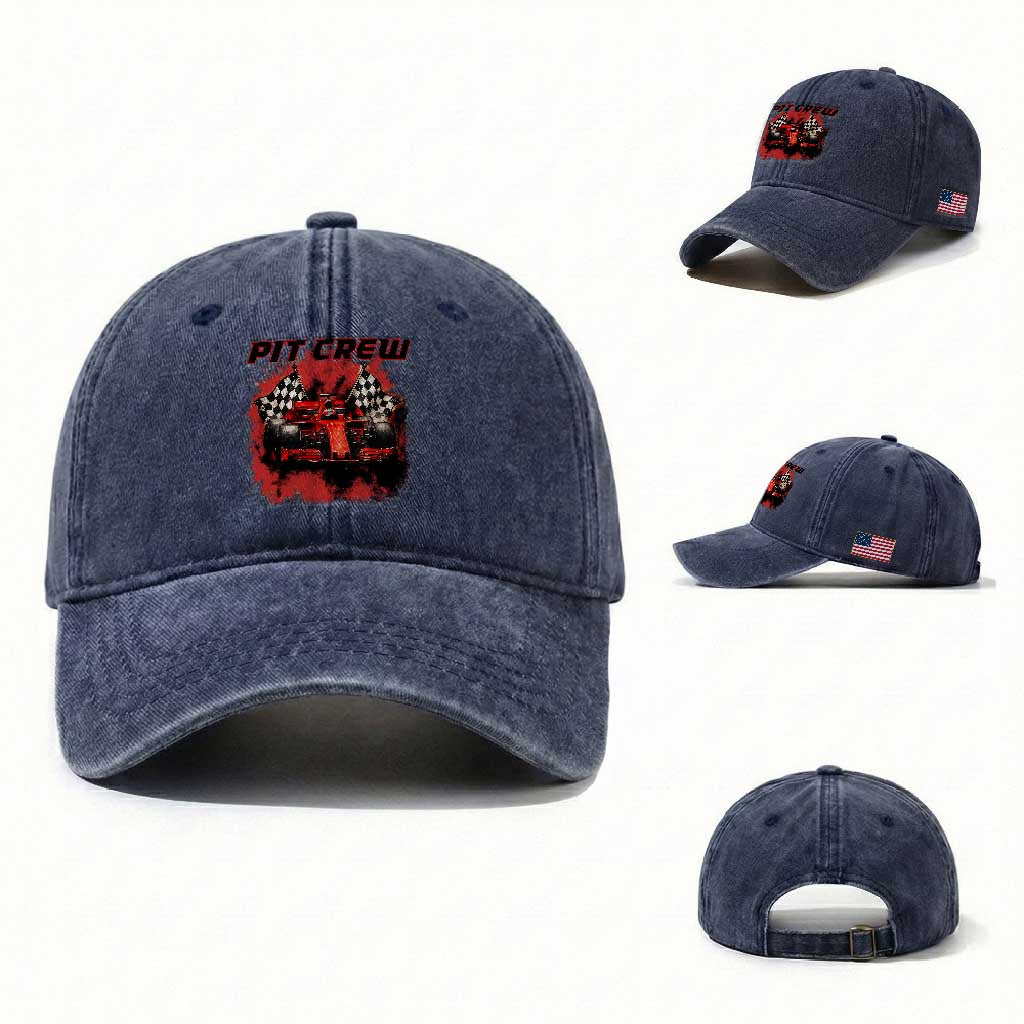 Racing Car Checkered Flag Washed Cotton Baseball Cap Pit Crew Race Car TS14 Washed Cap Universal Fit Navy Print Your Wear