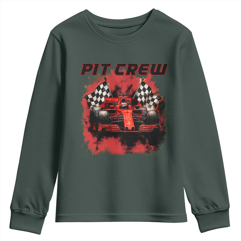 Racing Car Checkered Flag Youth Sweatshirt Pit Crew Race Car TS14 Dark Forest Green Print Your Wear